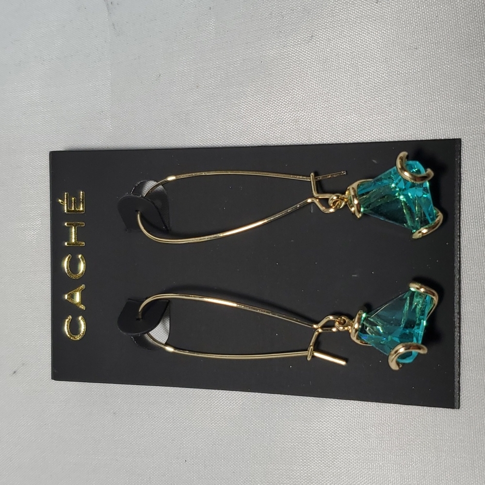 Cache Gold French Wire Aqua Stone Dangle Earrings – 2” Drop - Picture 3 of 4